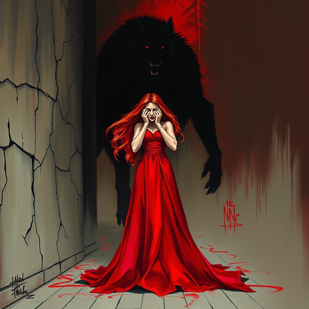 Fantasy Gothic Woman with Shadow Wolf in Graffiti Style