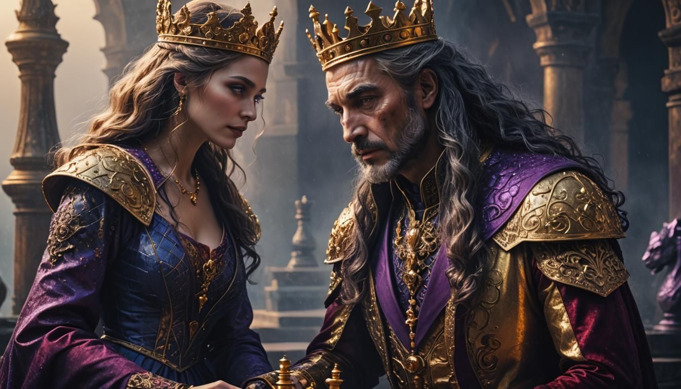 Old King and Lady Play Chess in Dark Fantasy