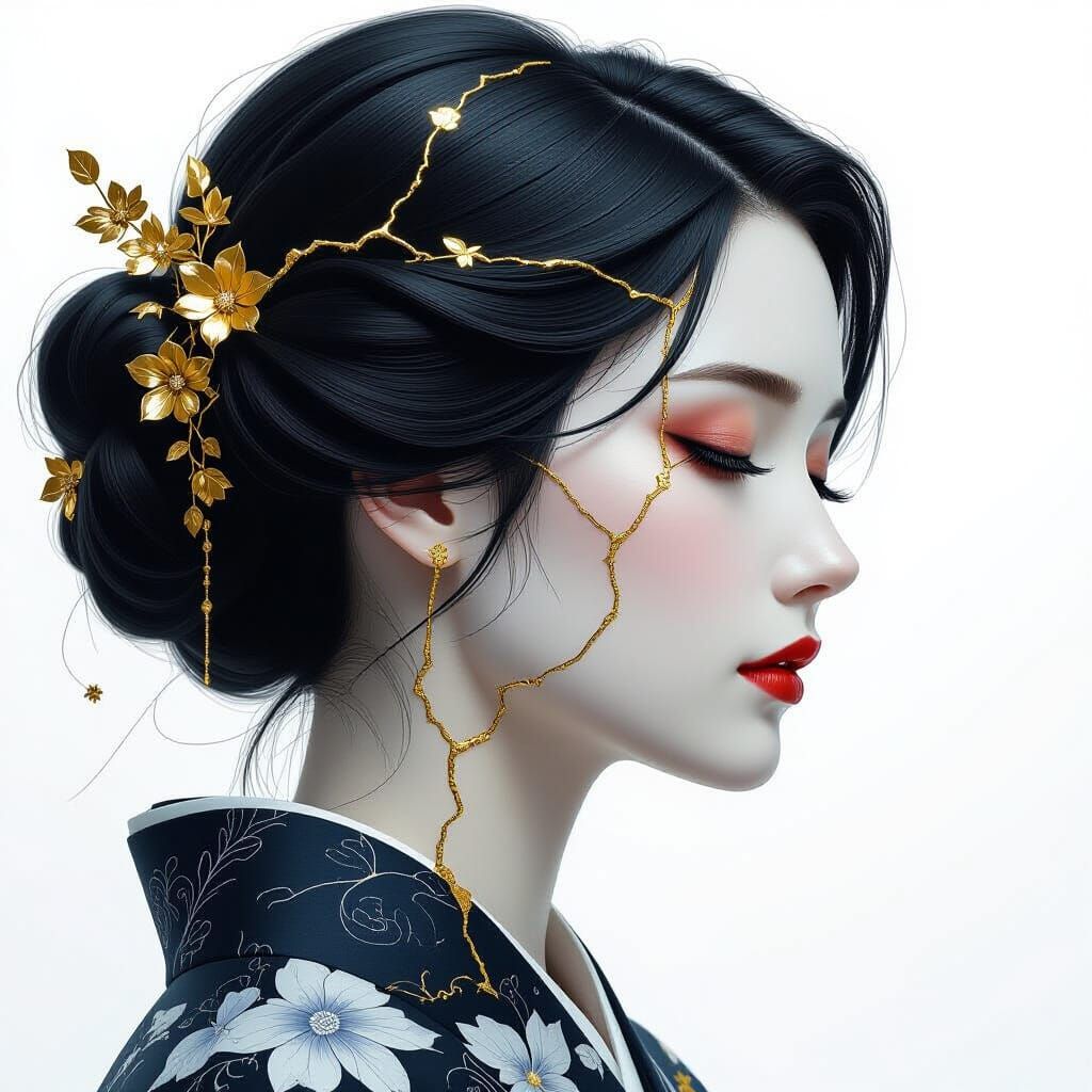 Woman Profile with Golden Kintsugi in Black and White