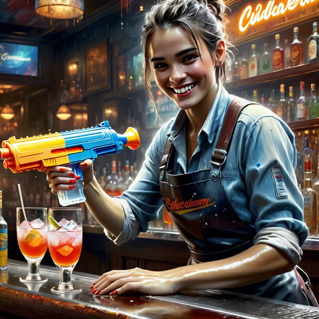 Smiling Bartender Serves Shots with Super Soaker