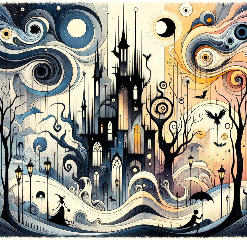 Whimsical Gothic Halloween Scene in Watercolour