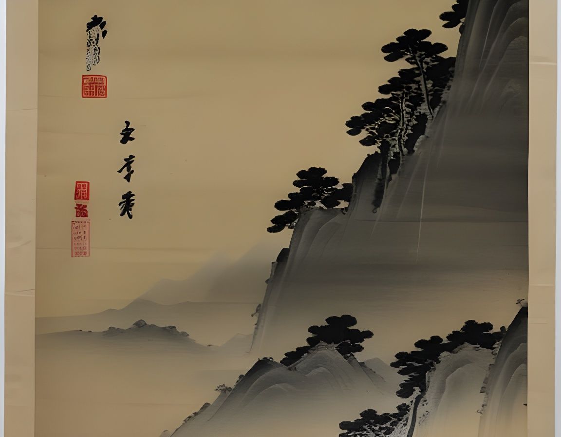 Japanese Landscape in Ink Wash Painting Style