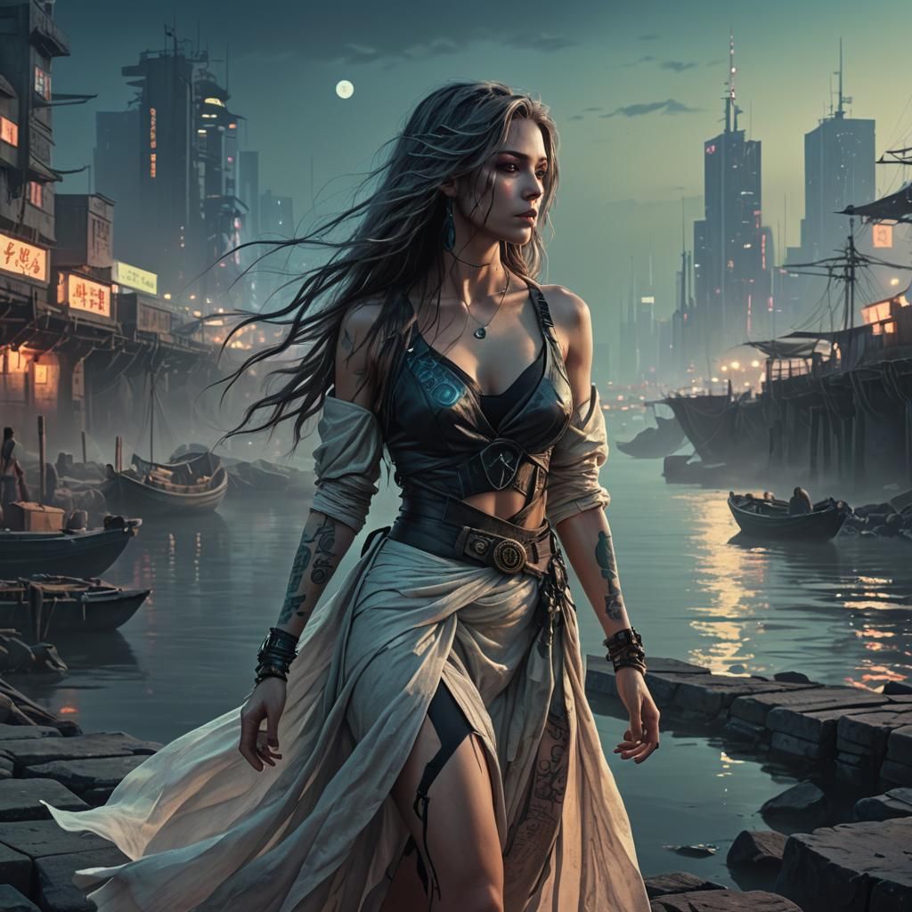 Cyberpunk Fantasy Woman on Stone Harbor Wall