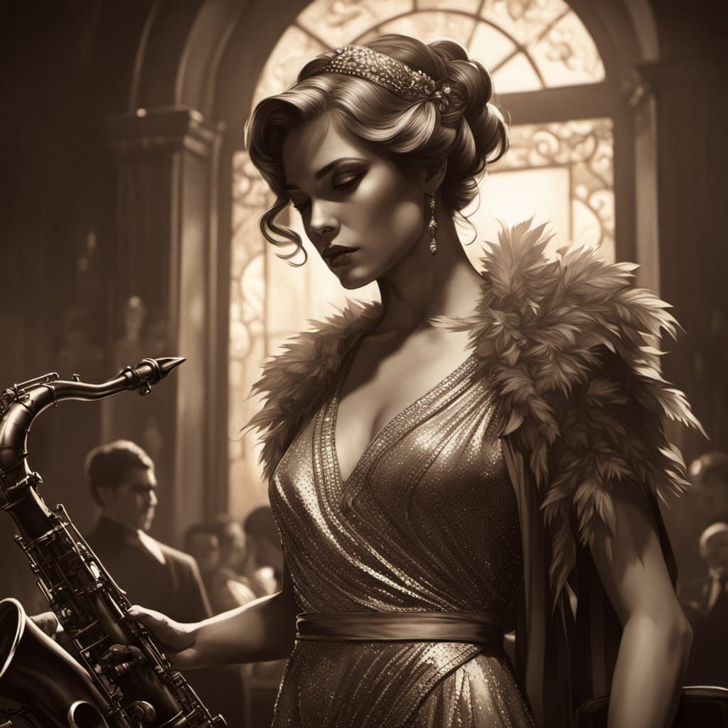 Film Noir Woman in Jazz Club with Saxophone