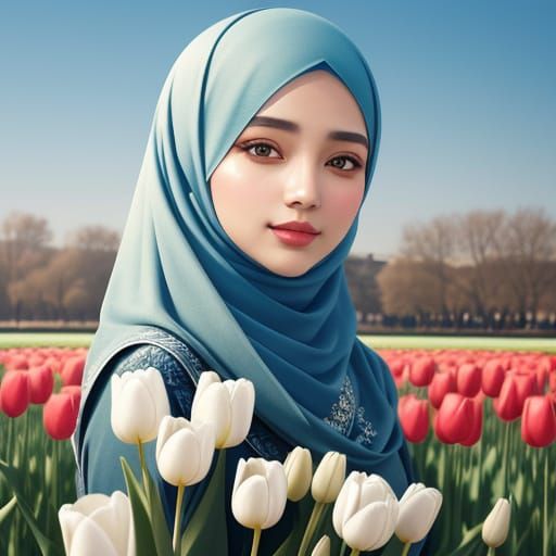 Young Woman in Hijab Among Tulips: Digital Illustration