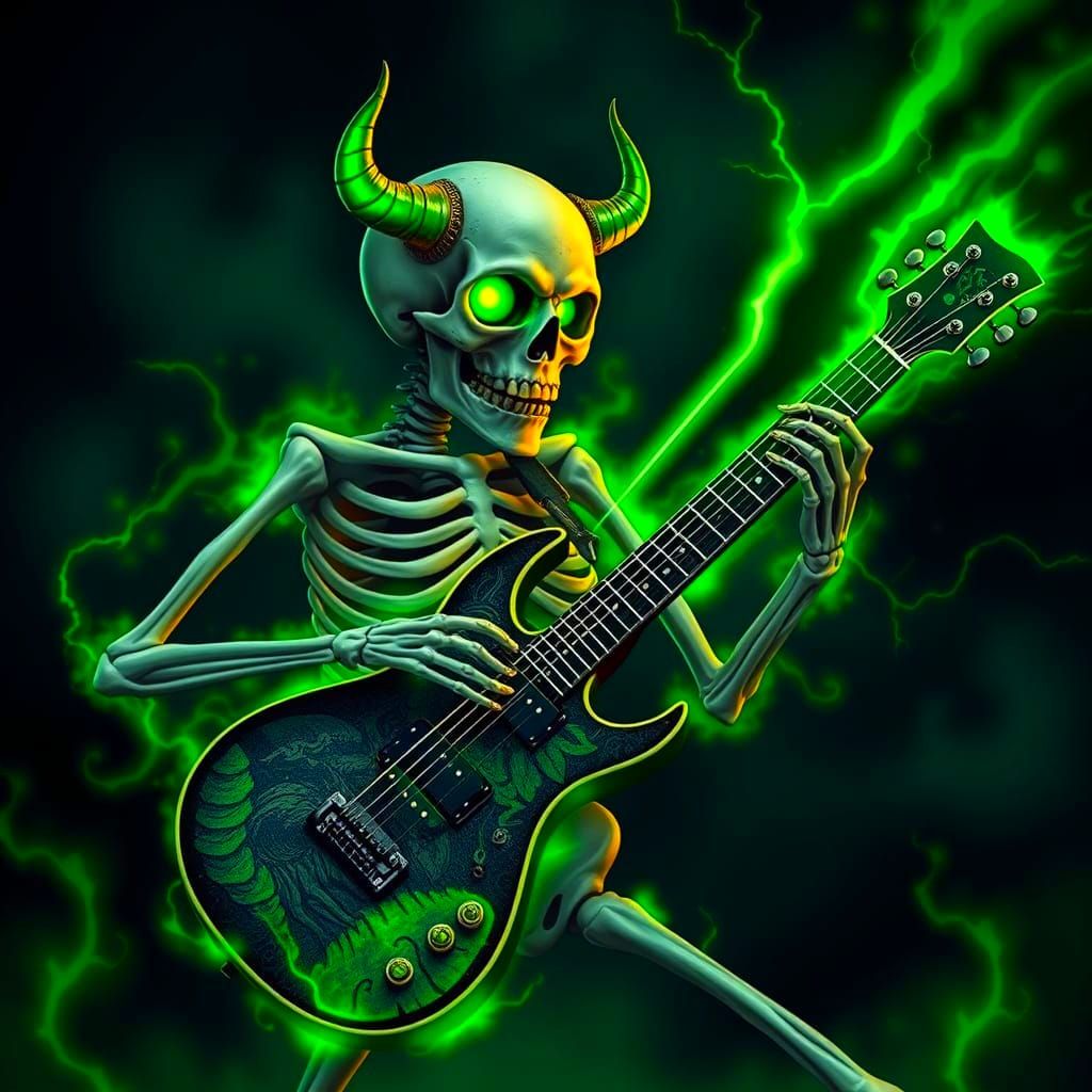 Glowing Green Requiem: Cursed Guitar and Skeleton in Harmony