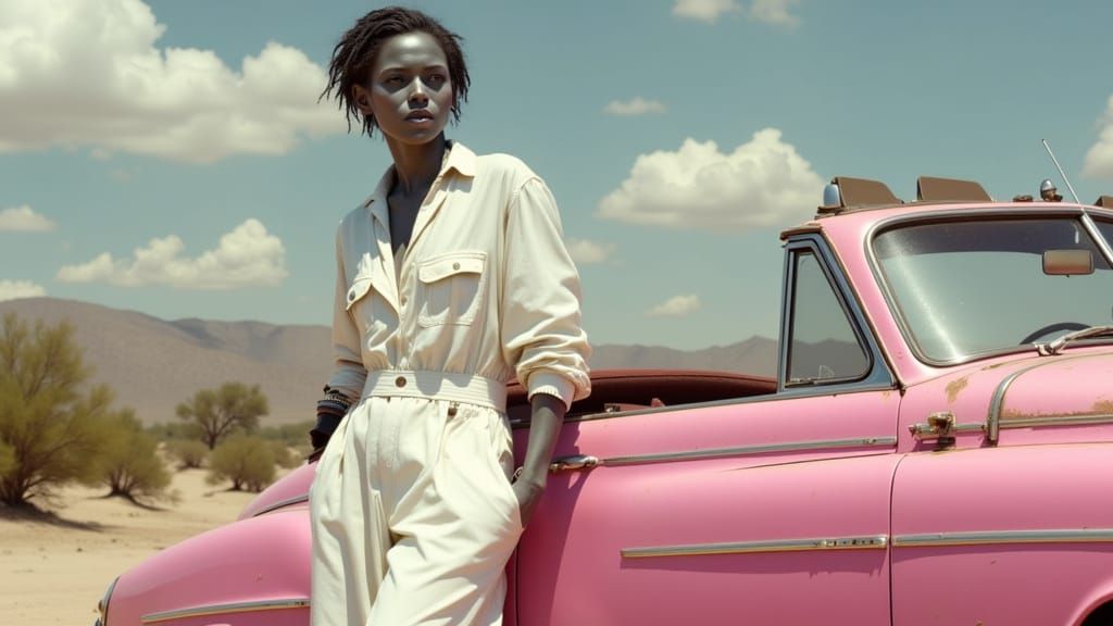 Grey Skinned Figure Beside Pink Car in Santa Fe