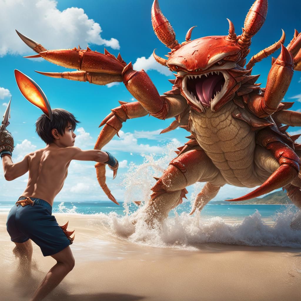 Neko Boy vs Crab: Fantasy Art in 8k