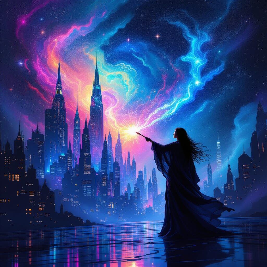 Cosmic Artist Paints Cityscape with Nebula Brushes