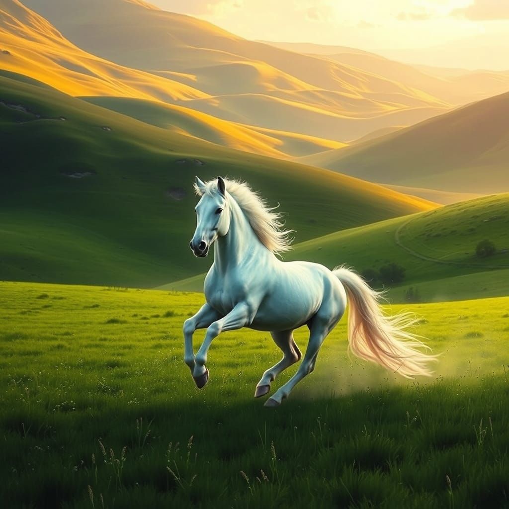 Majestic White Horse Gallops in a Vibrant Green Valley