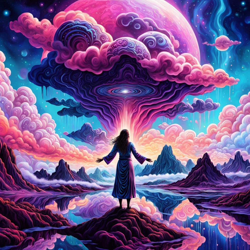 Cosmic Surrealist Dreamscape with Glowing Astral Woman