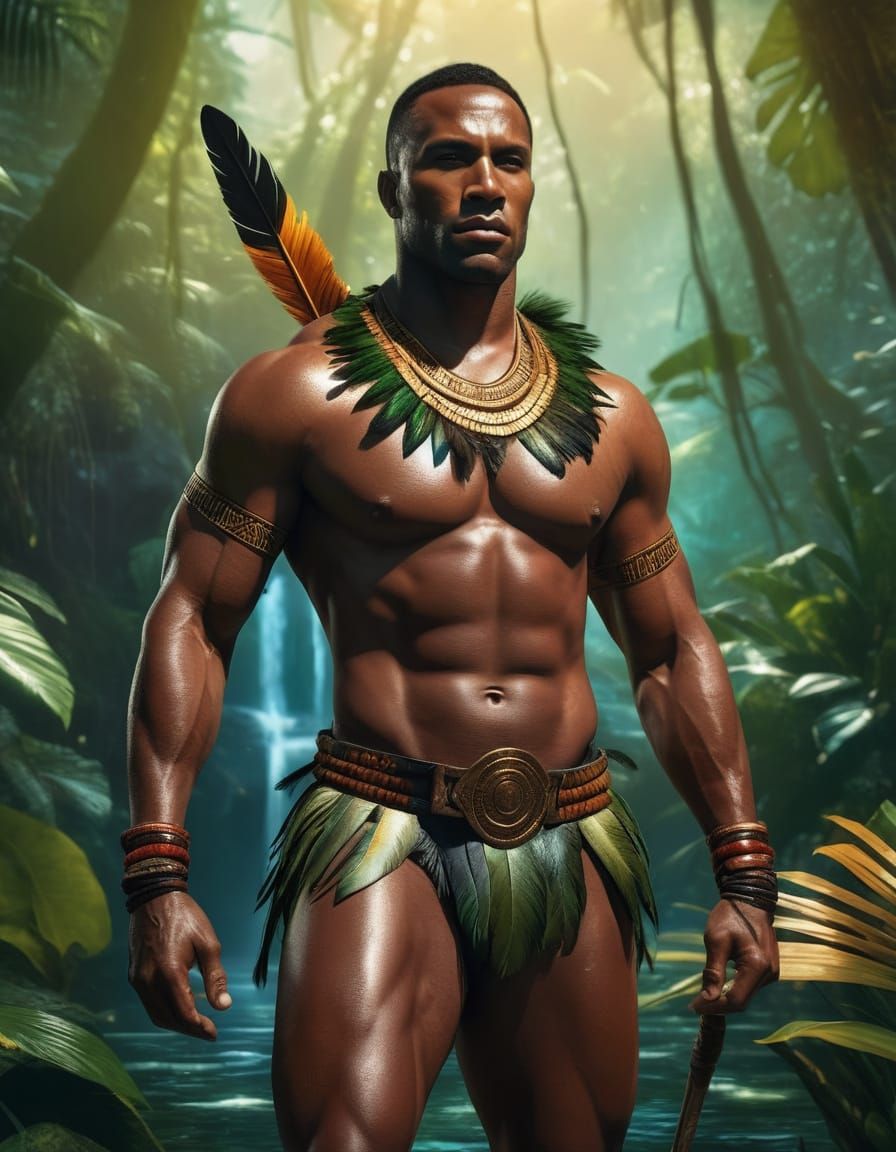 Hyper-Realistic Warrior in Exotic Jungle Setting