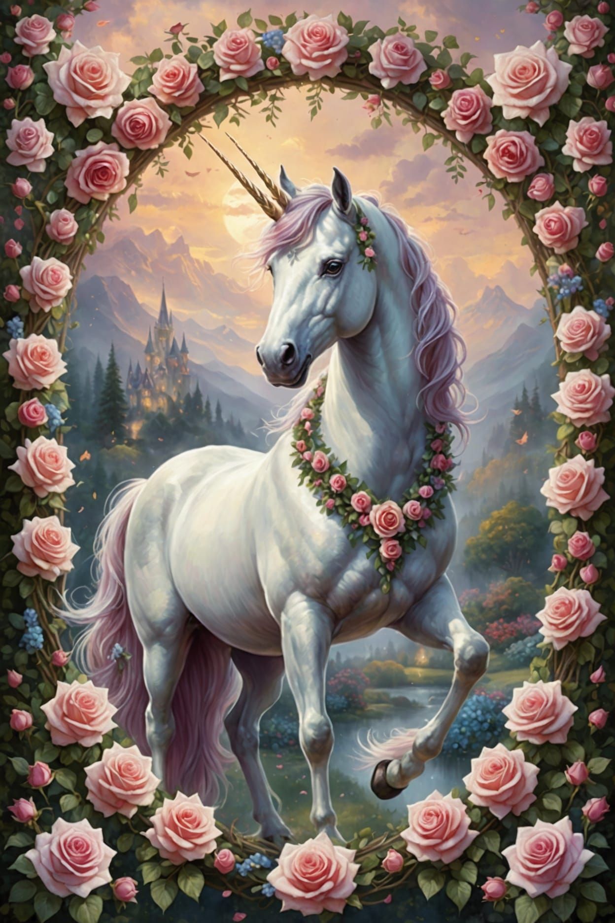 Ethereal Unicorn in Rose Garland, Fantasy Art