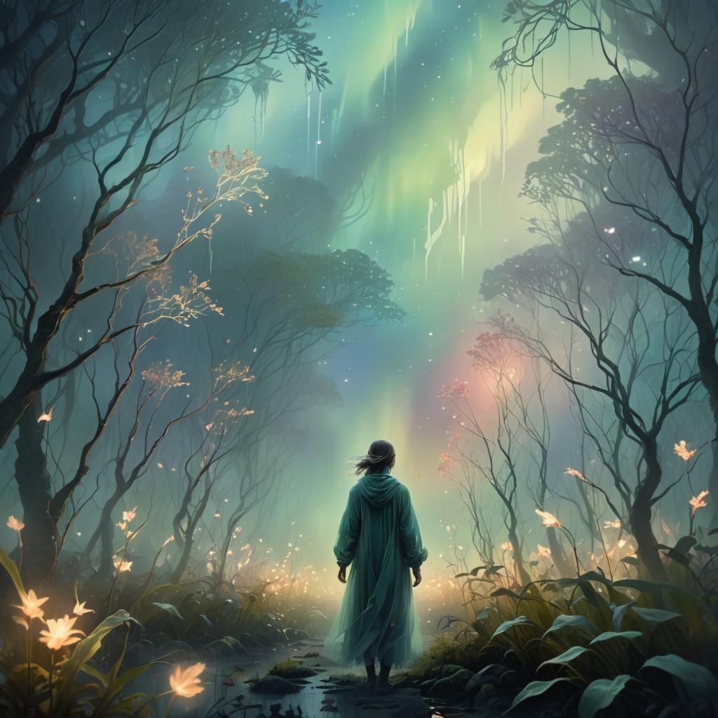 Dreamscape: A Luminescent Figure in a Misty Realm