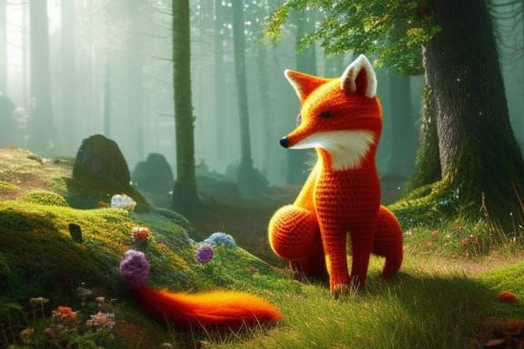 Crochet Fox in Yarn Forest, Hyperdetailed Art Nouveau