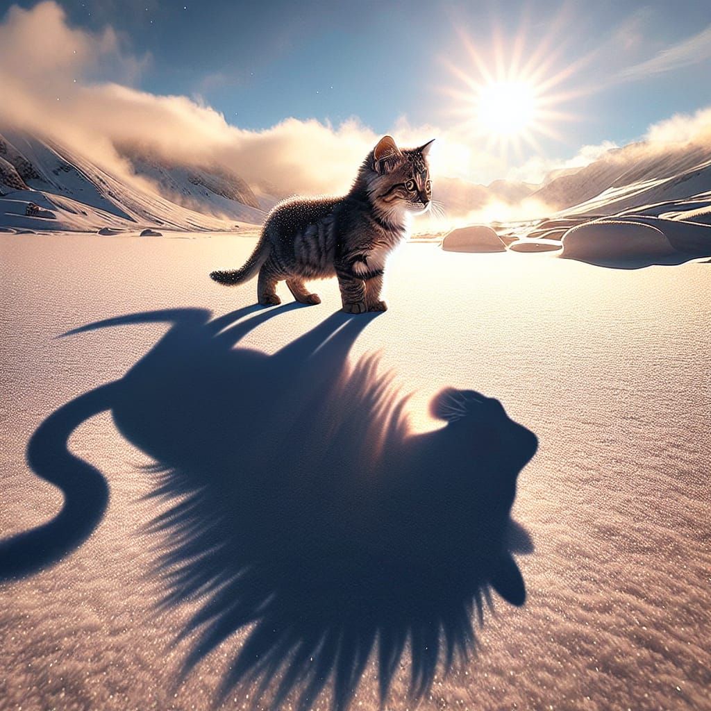 Kitten with Lion Shadow in Snowy Landscape