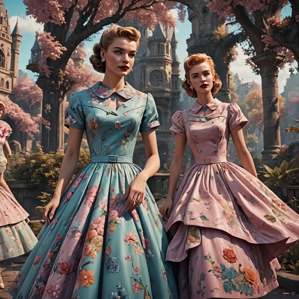 Three Women in Pastel 50s Dresses: Detailed Matte Painting