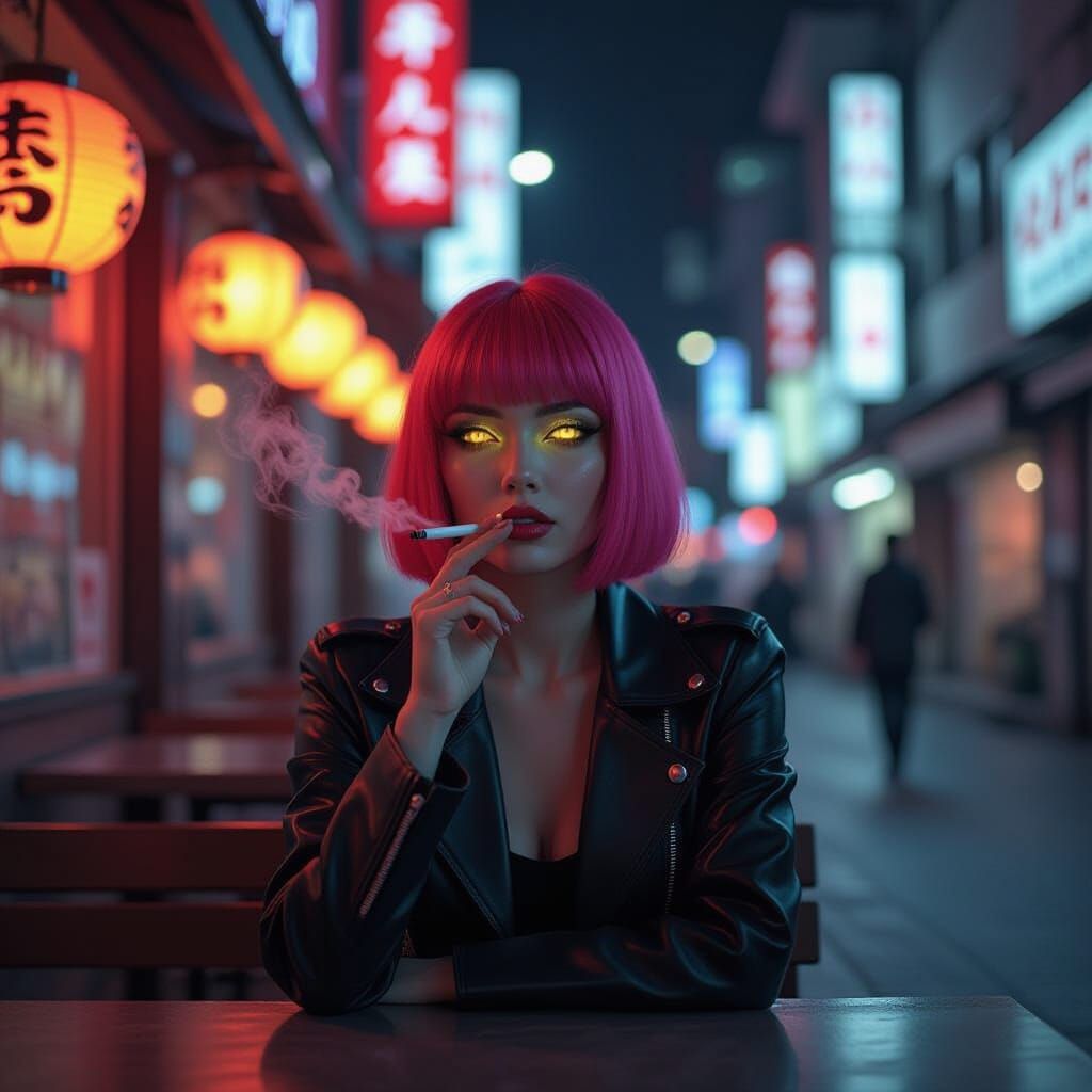Woman Smoking in Futuristic Ramen Shop Night