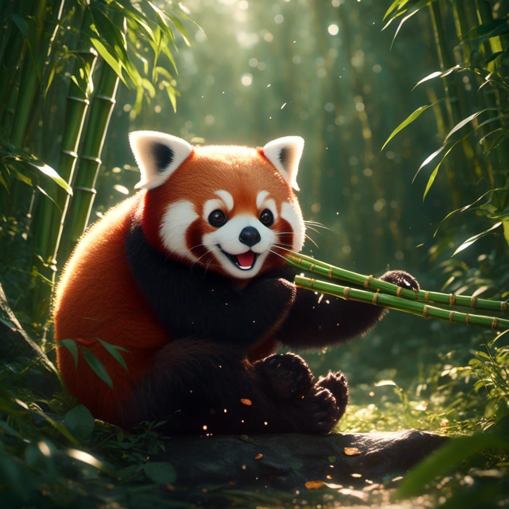 Red Panda Eating Bamboo in Anime Style