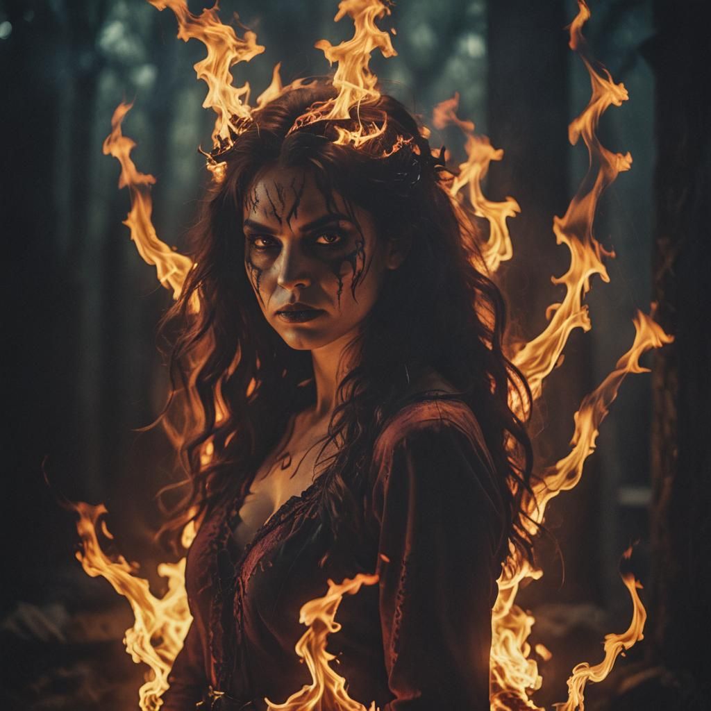 Flaming Demonic Woman Portrait in Cinematic Style