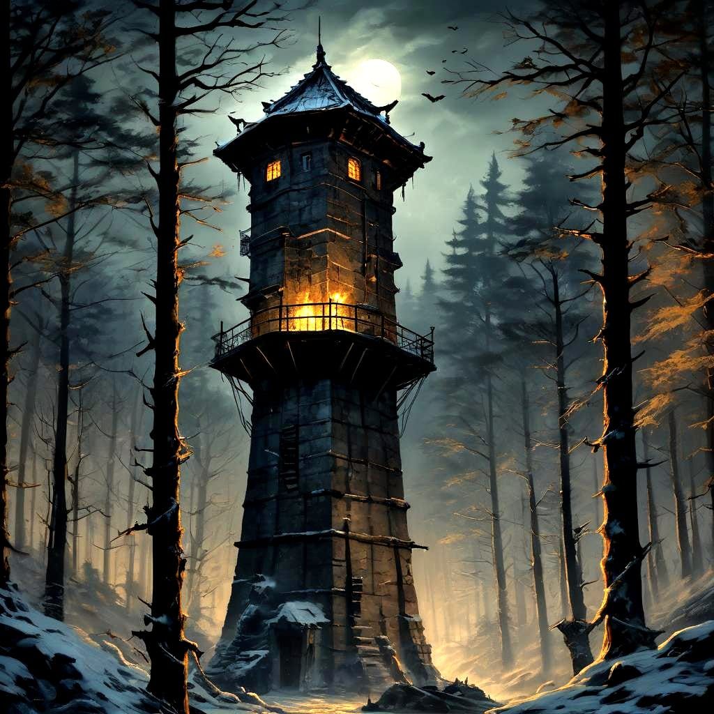 Medieval Watchtower at Night: Anime-Style Oil Painting