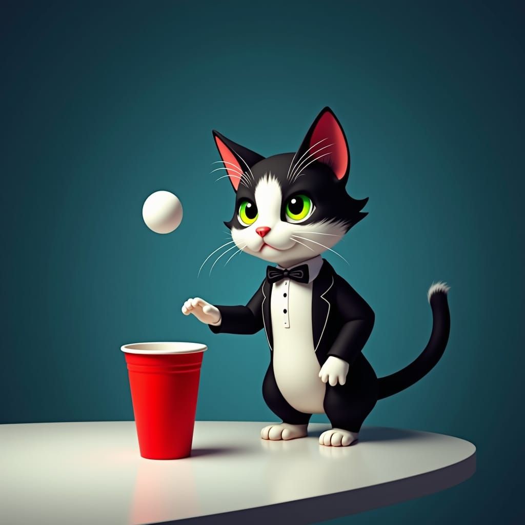 Debonair Tuxedo Cat Plays Ping Pong