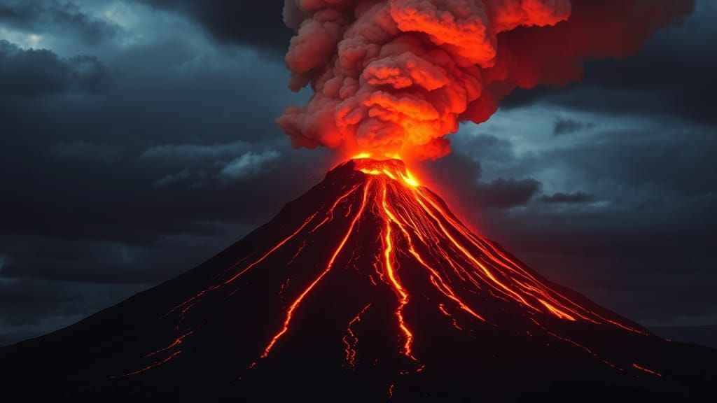A dramatic scene of a towering, fiery volcano erupting, with...