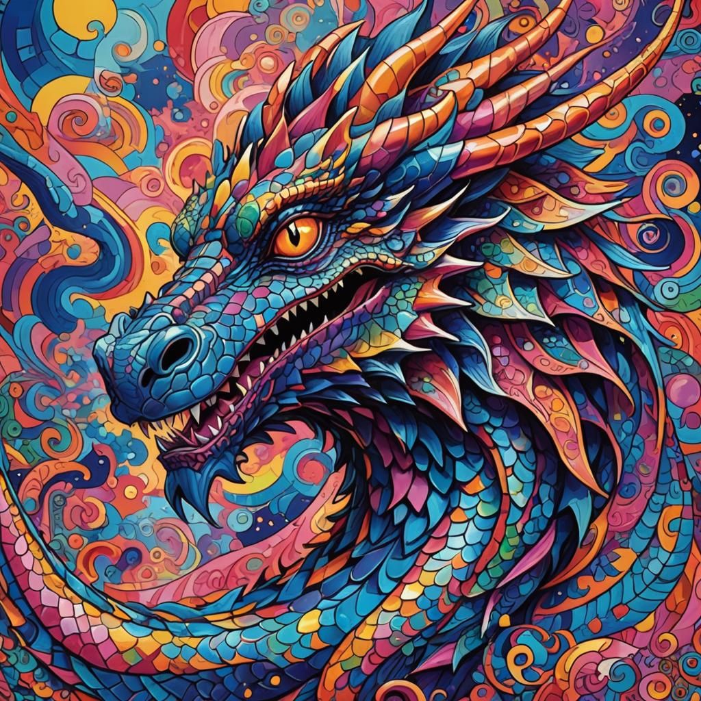 Psychedelic Dragon Art in Vibrant Triadic Colors