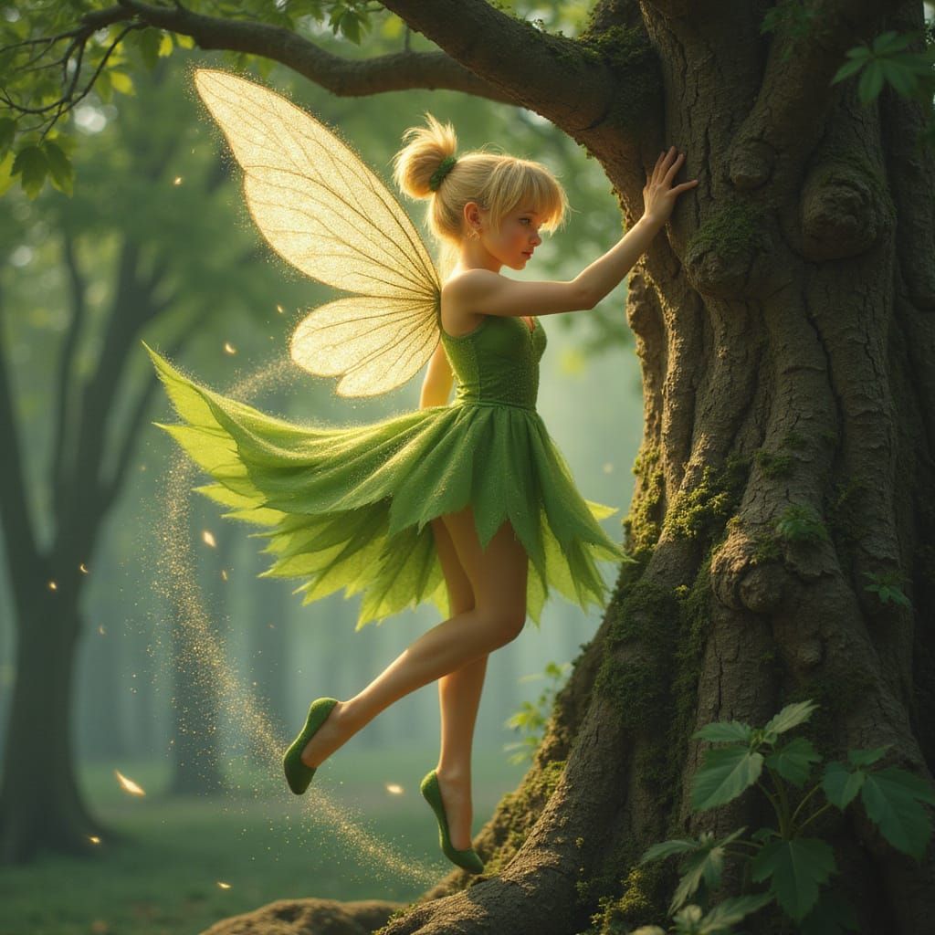 Tinkerbell Flying Around Ancient Tree with Fairy Dust