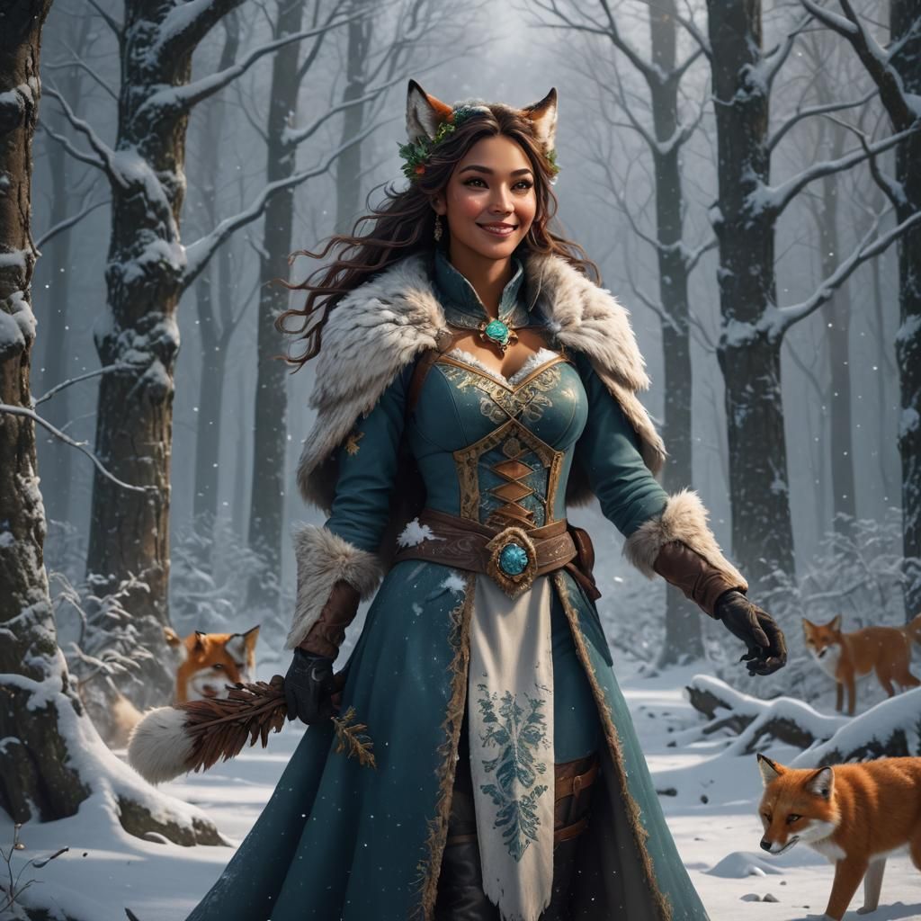 Latin Winter Vixen in a Snowy Fantasy Landscape