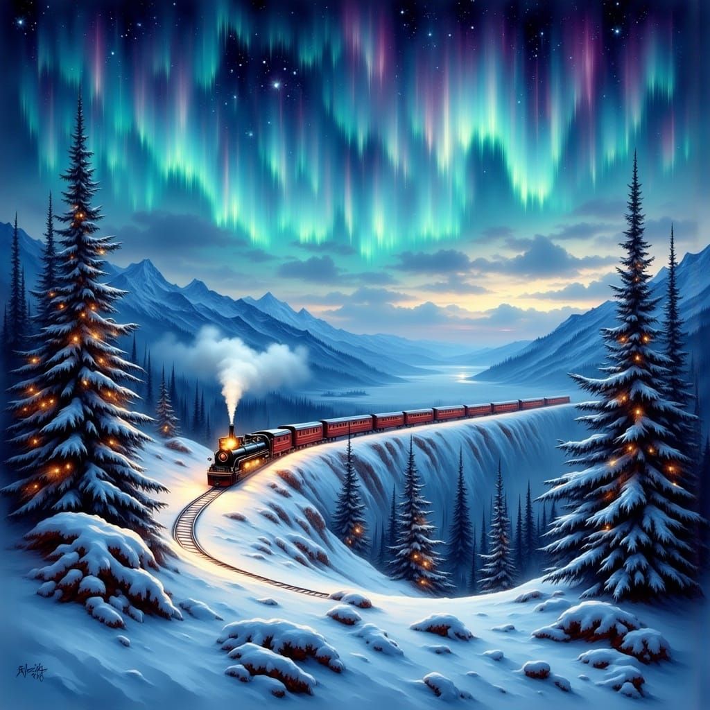 Polar Express Amidst Aurora, Antique Watercolor