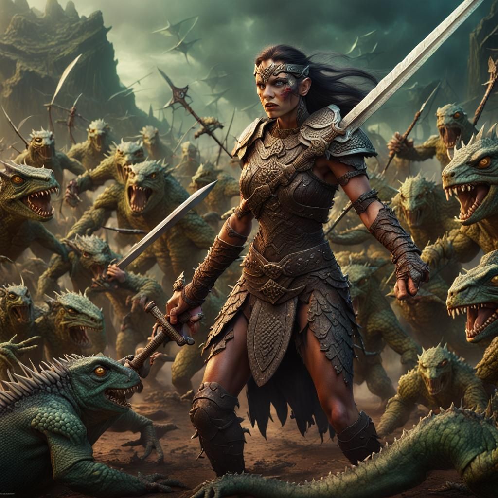 Barbarian Woman Battles Lizard Army: Fantasy Art