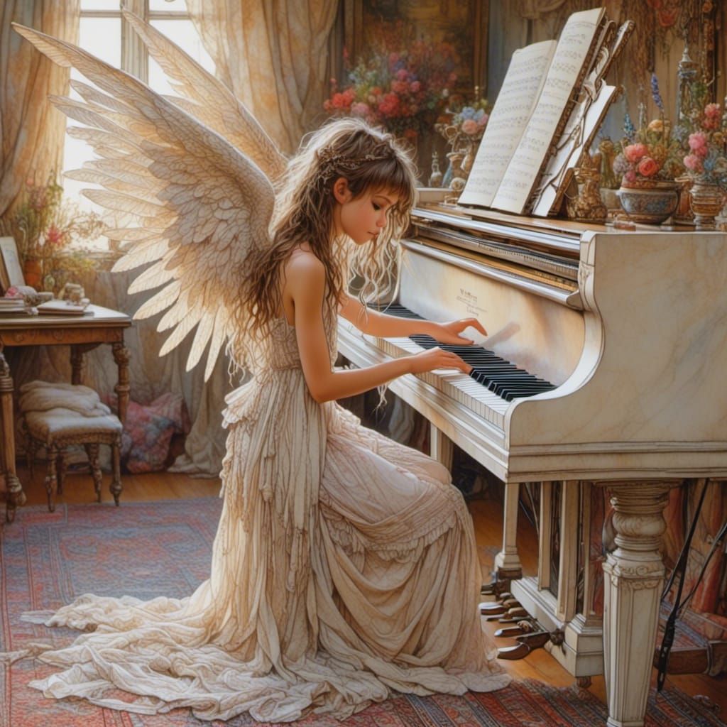 Girl in Angel Costume Playing Piano, Watercolor Painting