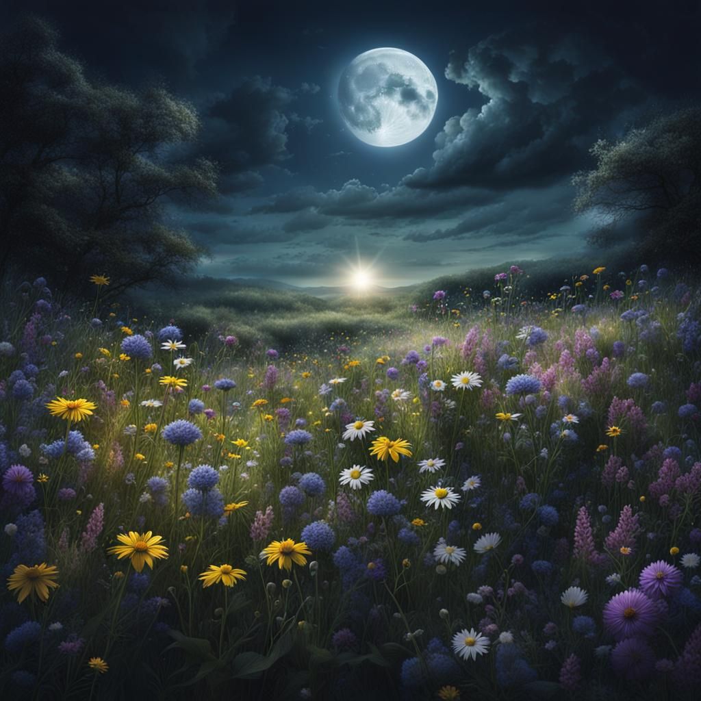 Wildflower Field Bathed in Moonlight: Digital Matte Painting