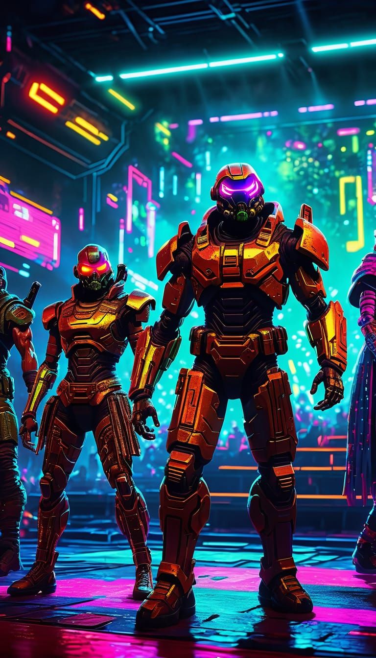 Doom Characters in Cyberpunk Musical Theater Style