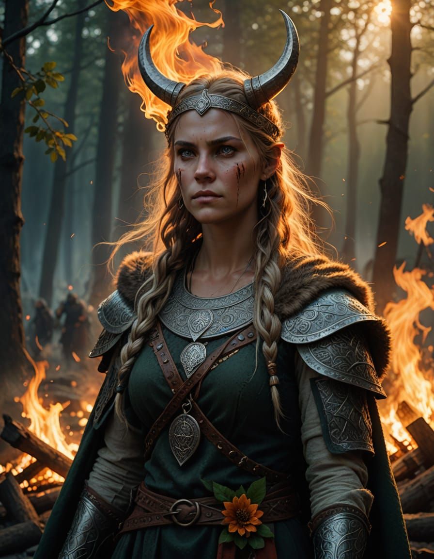 Viking Völva at Bonfire: A Reverent Close-Up