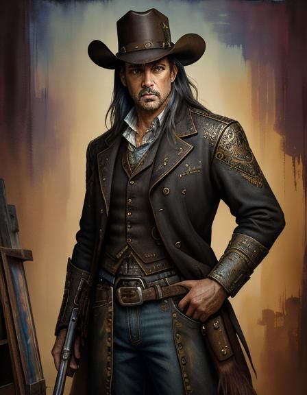 Young Gunslinger in Saloon: Impressionist Gouache Style