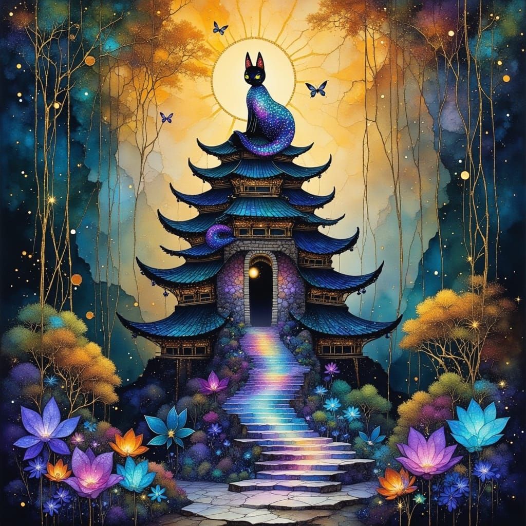 Floating Pagoda with Mandala Patterns and Nine-Tailed Fox