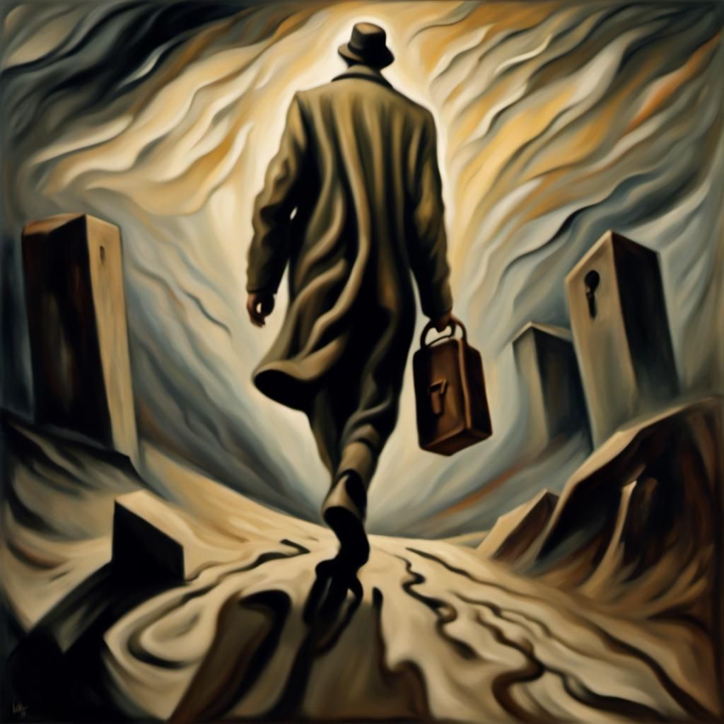 Expressionist Traveler on Cursed Bridge in Earthy Tones