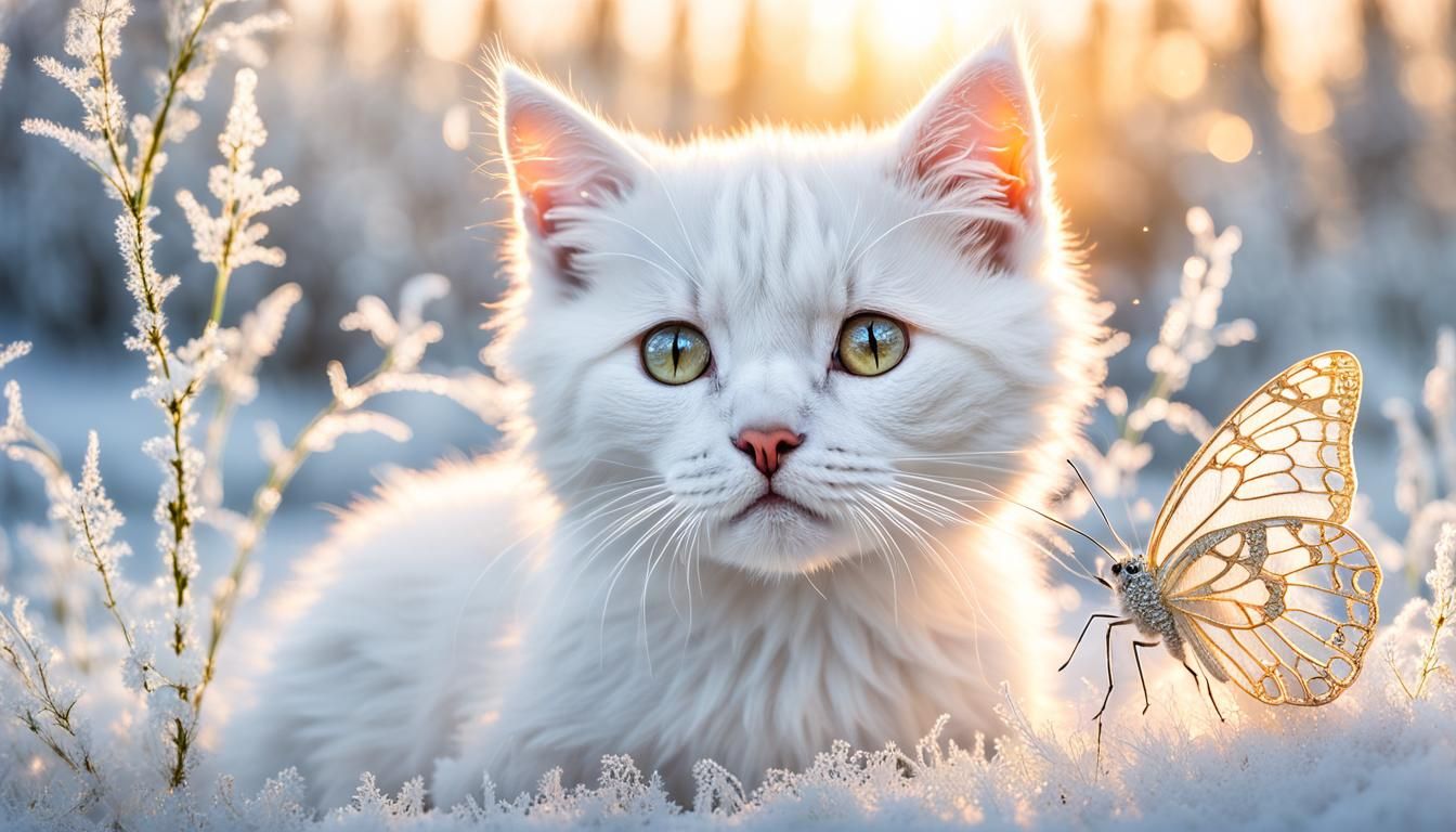 Glass Butterfly on Kitten in Golden Hour