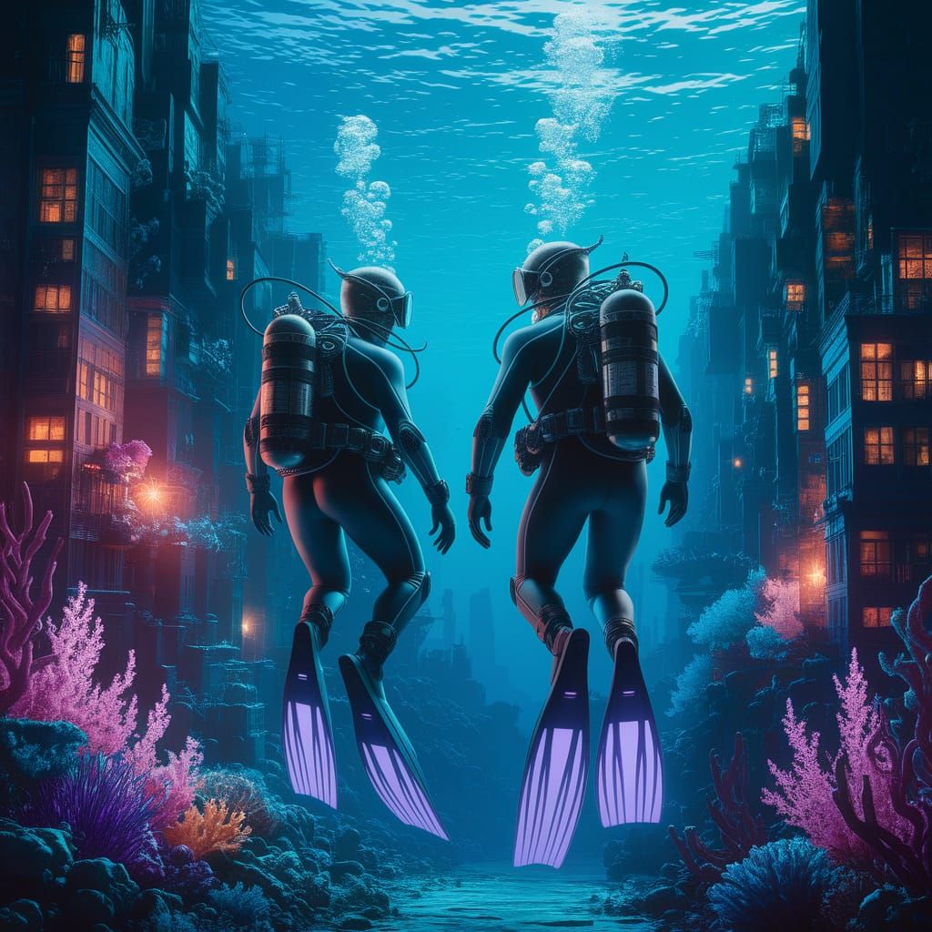 Underwater Cityscape: Divers in a Fantasy World