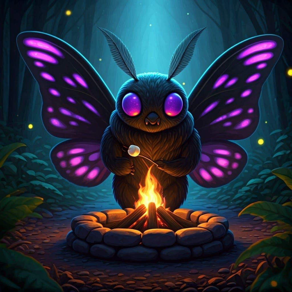 Cute Cosmic Mothman Roasting Marshmallow at Night