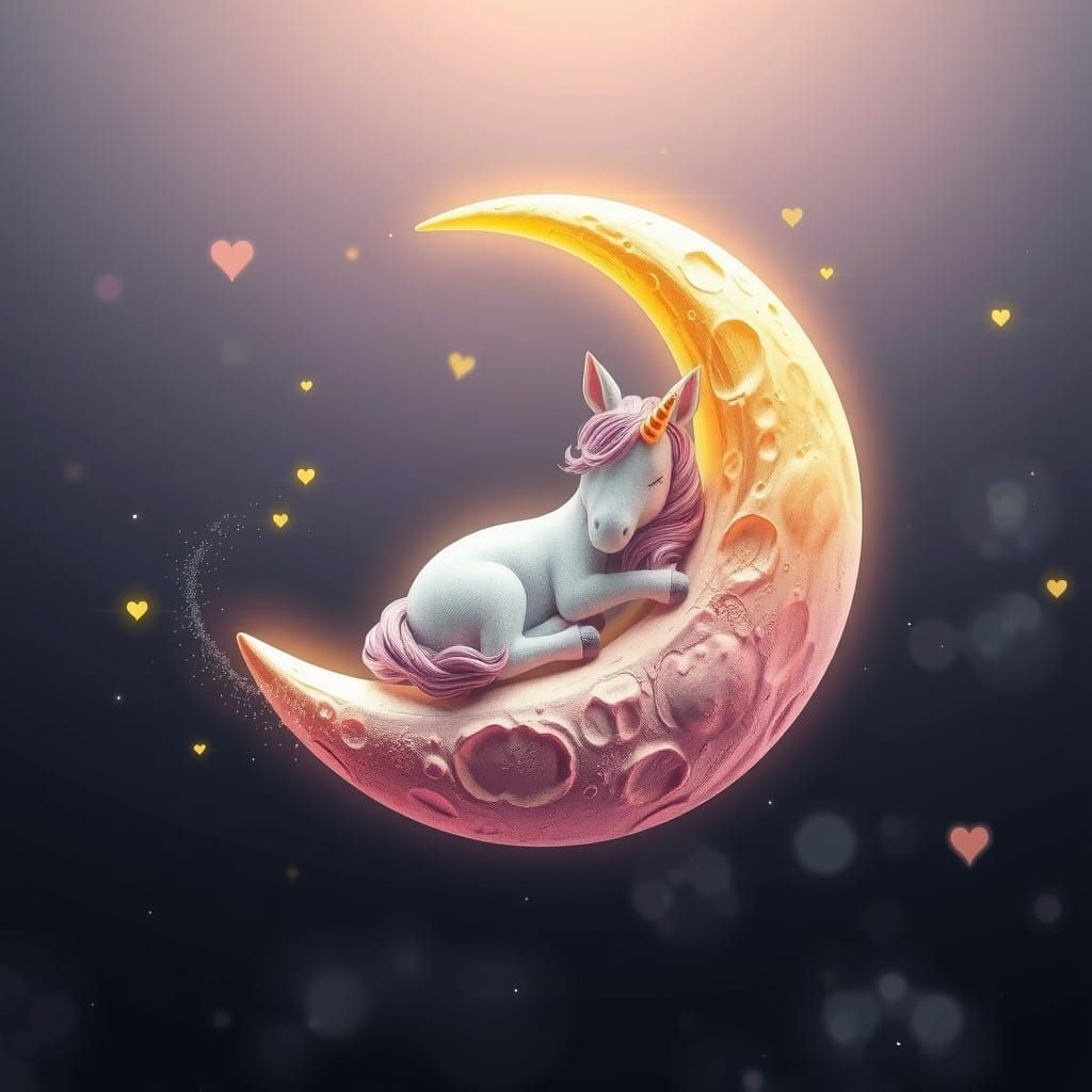 Dreamy Fantasy World with Tiny Unicorn on Glowing Moon