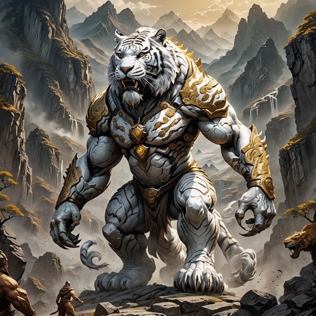 Colossal White Tiger Titan in Dark Fantasy Style