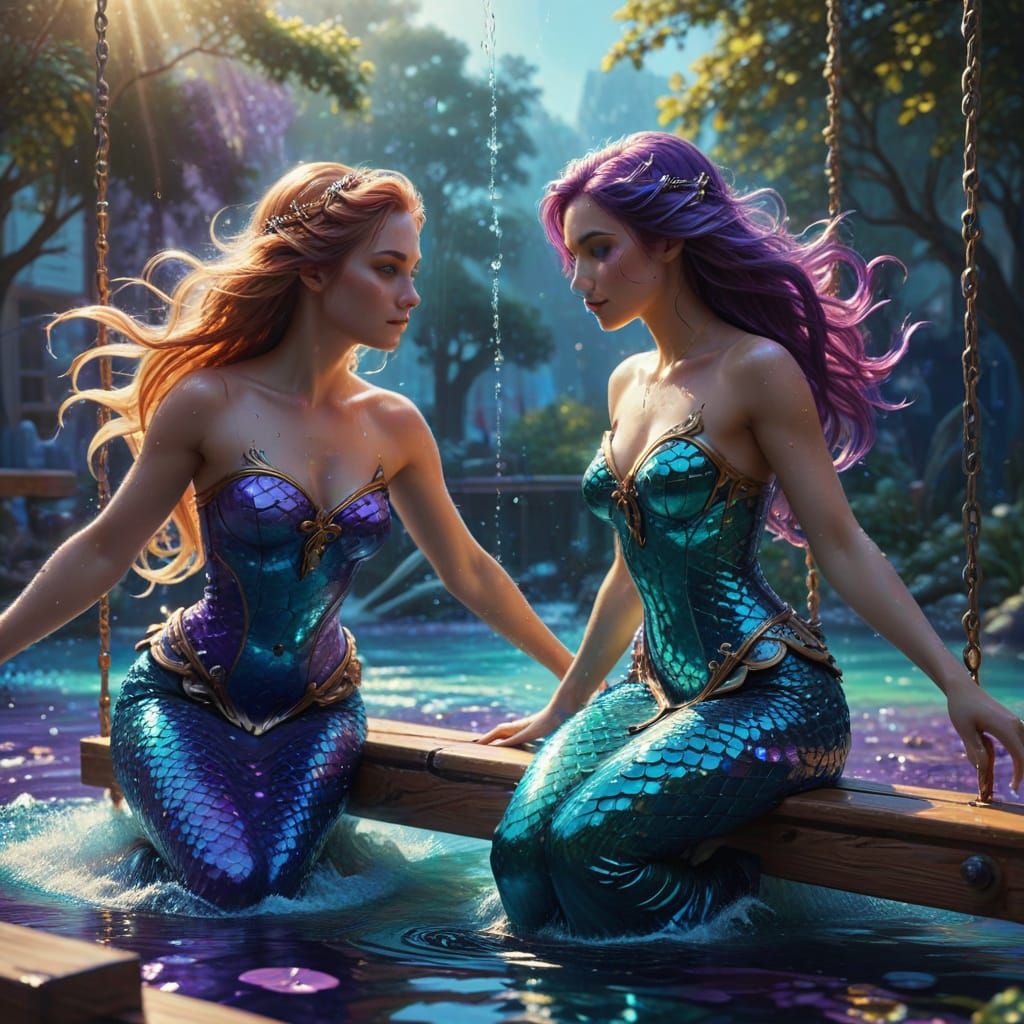 Mermaids Play See-Saw: A Fantasy Oil Painting