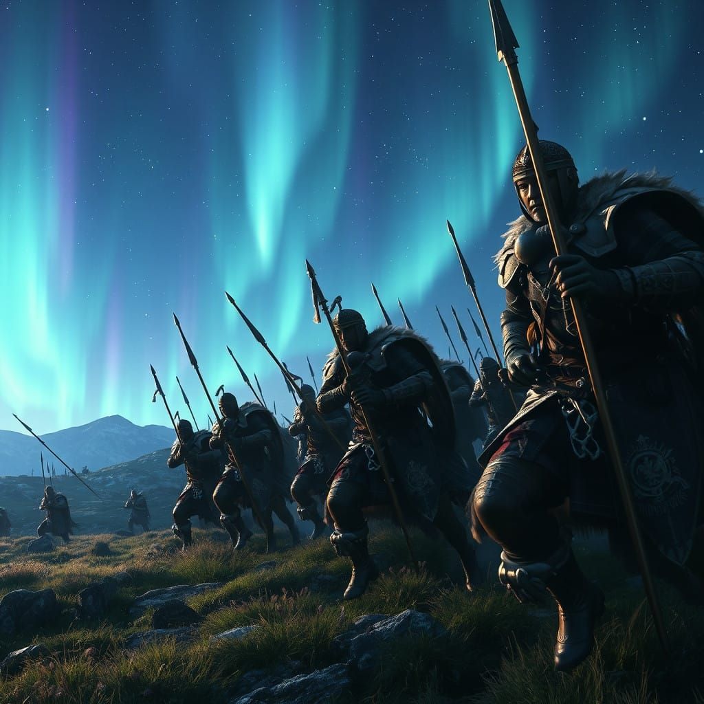 Ethereal Highland Battle Illuminated by Northern Lights