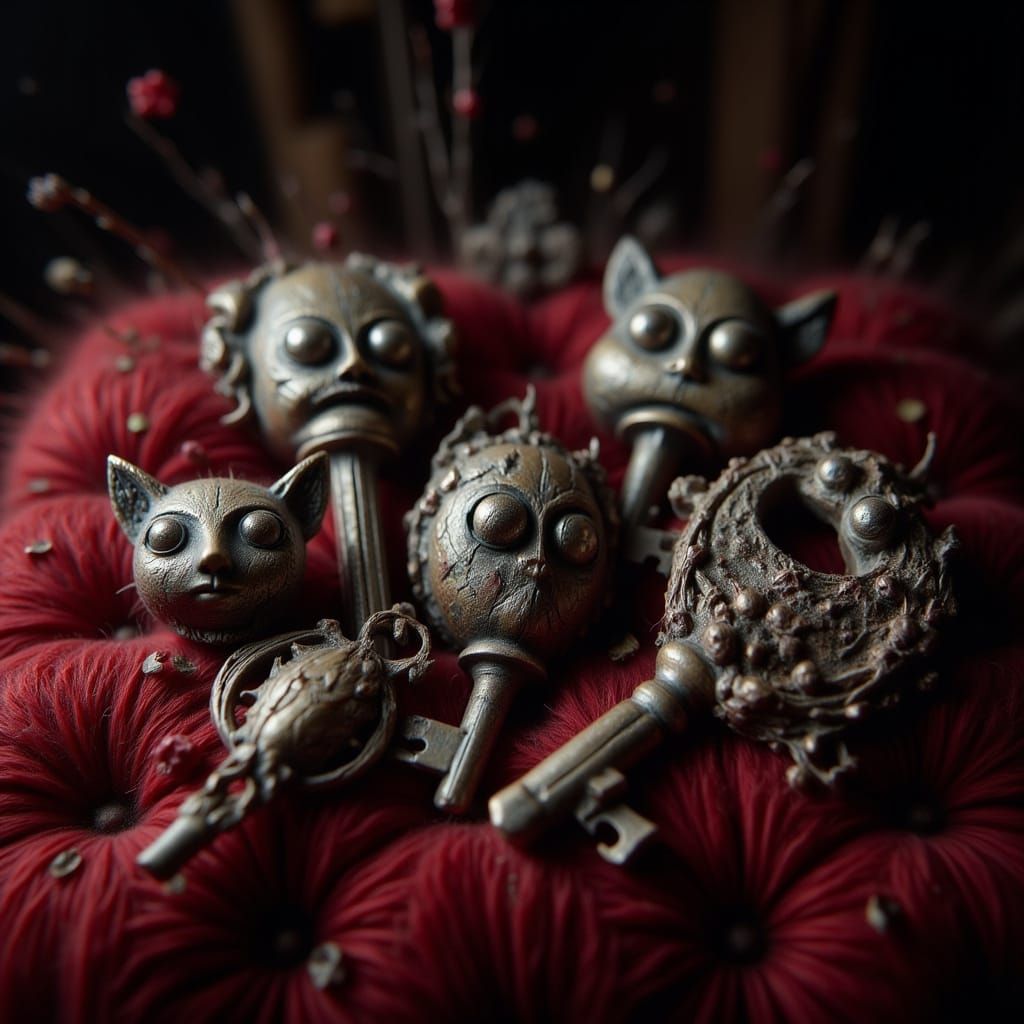 Antique Keys with Faces on Velvet Cushion