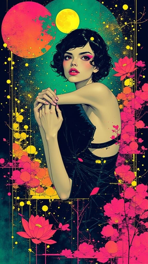 Elegant Woman Posing in Surreal Neon Dreamscape