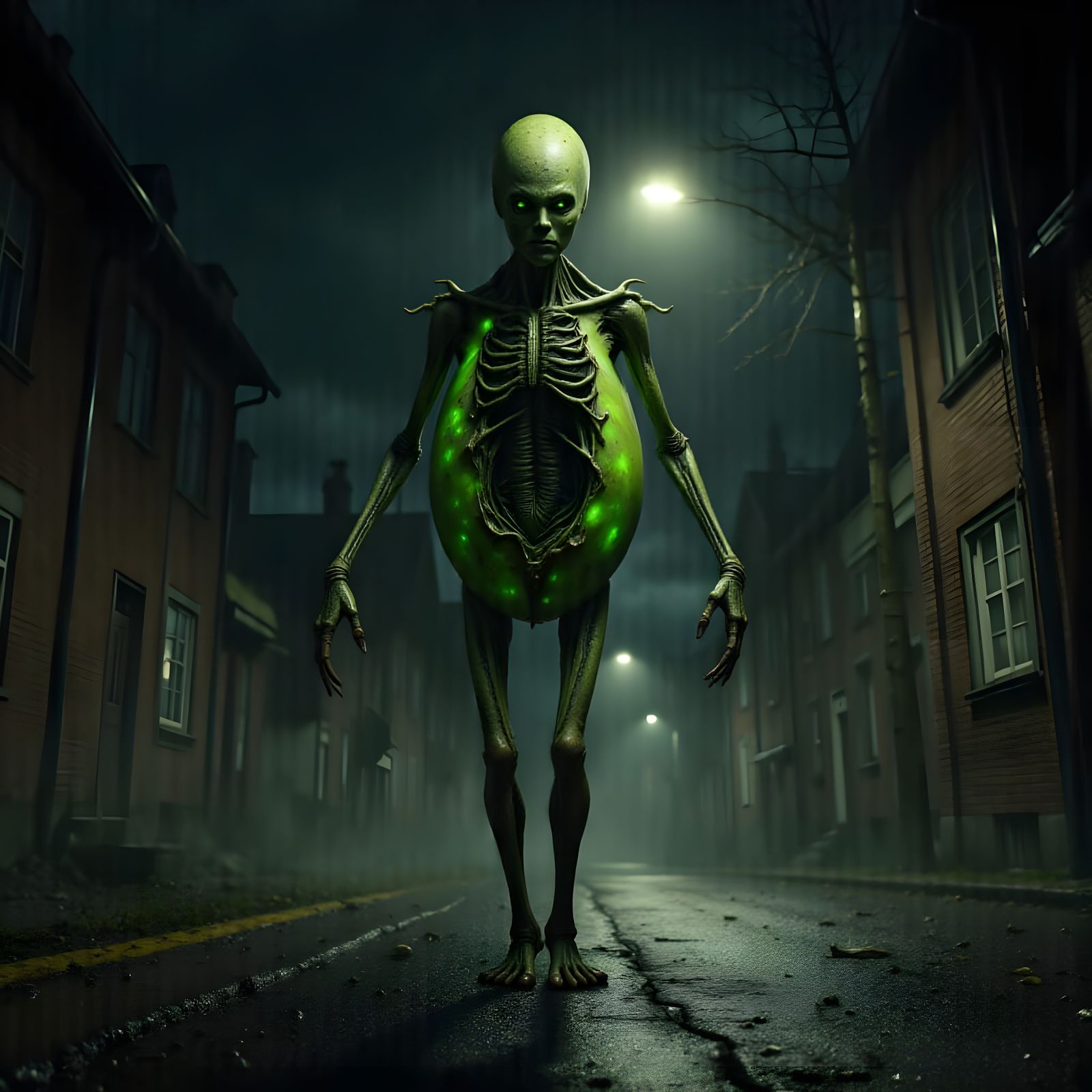 Zombie Egg Walks Down Midnight Street with Glowing Green Eye...