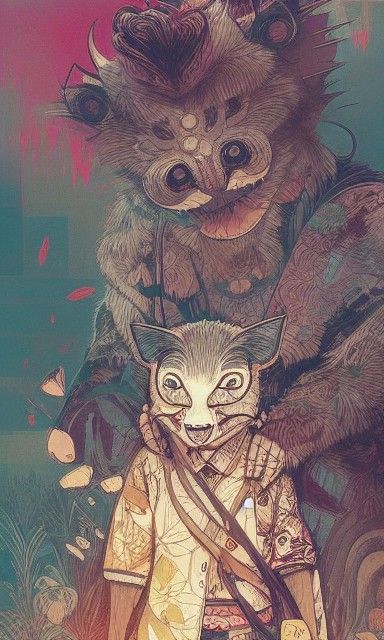 Cute Wildebeest Yakuza Character as Detailed Matte Painting